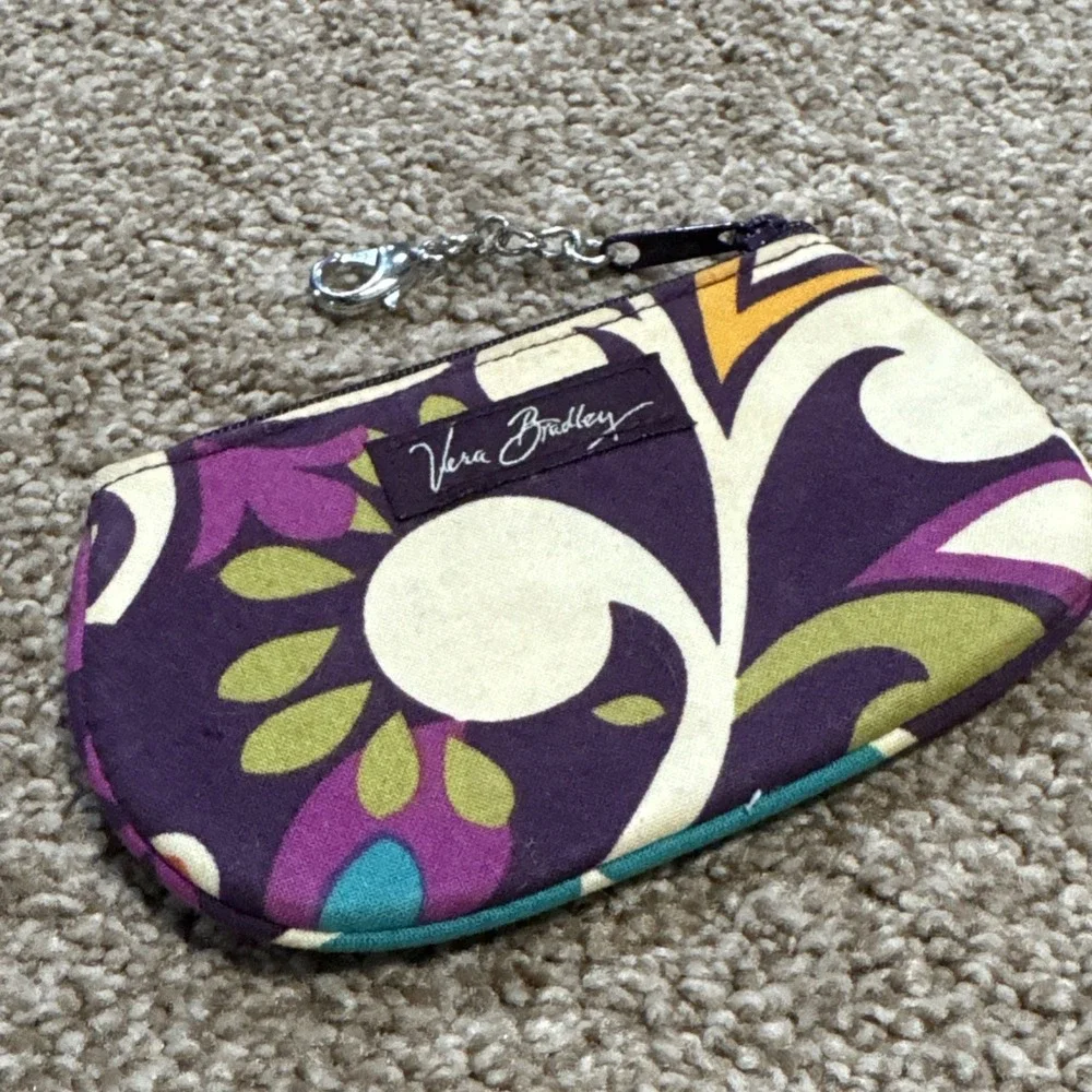 Vera Bradley Stitched Purple Floral Zip Coin Purse Keychain Lavender